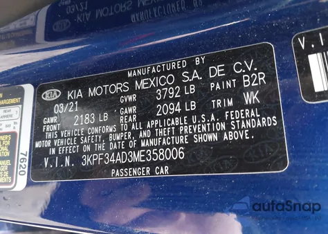 2021 Kia Forte Gt-Line из США, поврежденный, VIN 3KPF34AD3ME358006